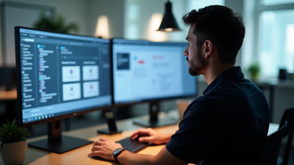 Designer at desk with dual monitors showing skeleton screen designs and branded loading state mockups in design application