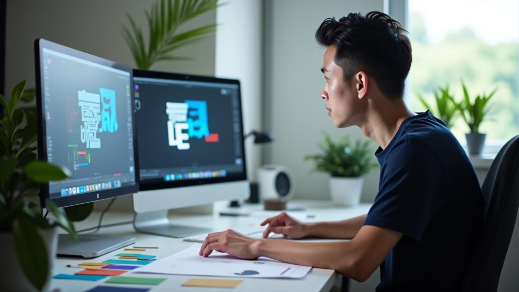 Designer working on animation timeline in modern studio with dual monitors and color swatches visible