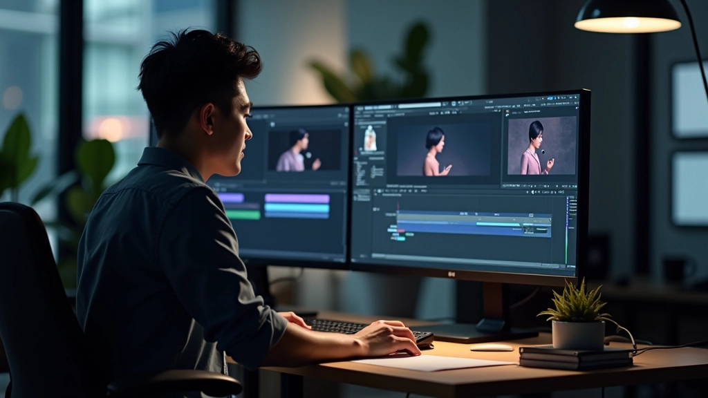 Designer working at desktop with animation timeline visible, showing keyframe markers and timing curves on screen