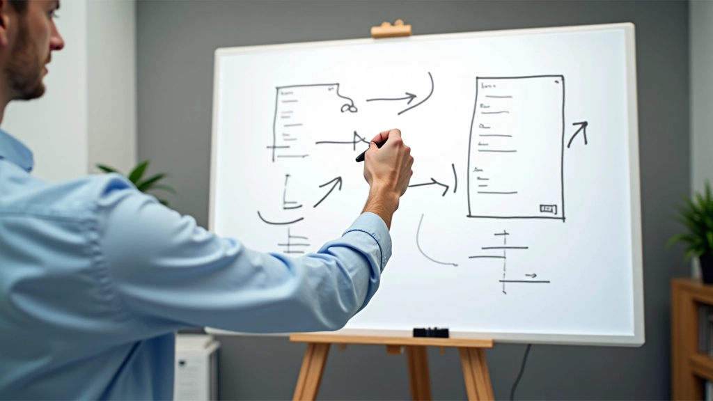Designer hand pointing at whiteboard with transition diagrams, arrows showing user flow between page sections