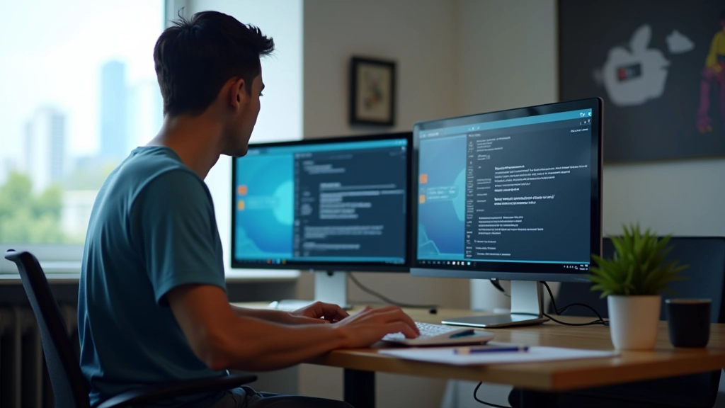 Person at standing desk with dual monitors showing animation preview, one screen displays smooth page transition effect