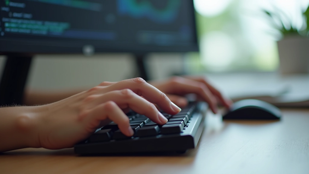 Hands typing on mechanical keyboard with code visible on monitor in background