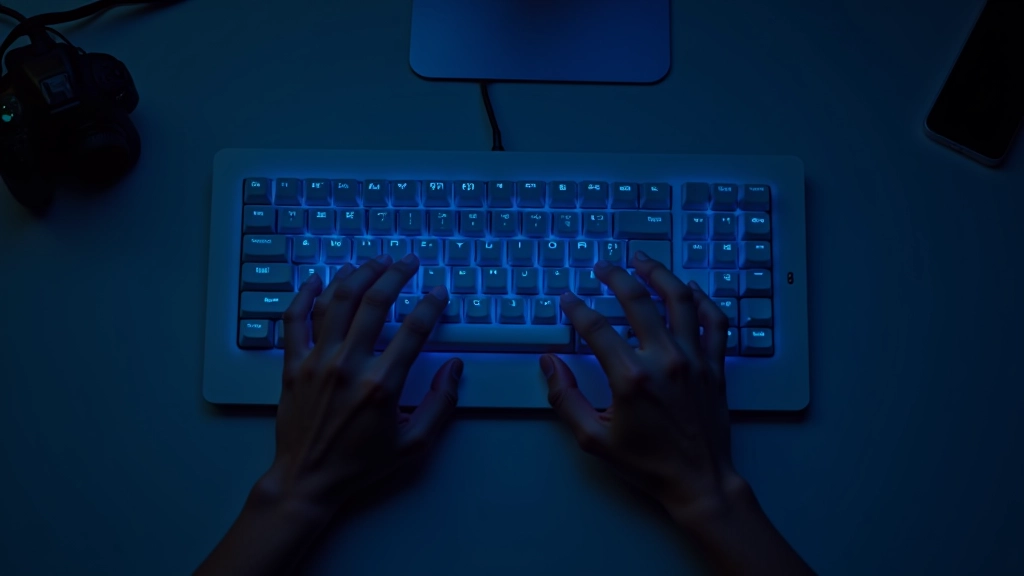 Close-up of hands typing on mechanical keyboard with color-coded keys for animation timing, focused workspace