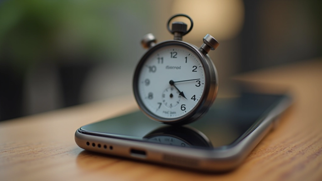 Stopwatch and mobile phone on desk with performance metrics displayed, professional photography with clean background